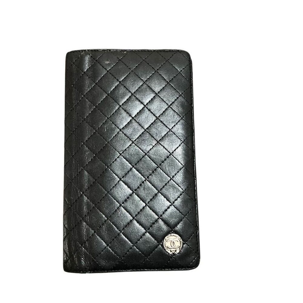 Black pink Chanel lamb skin long quilted bifold wallet card holder